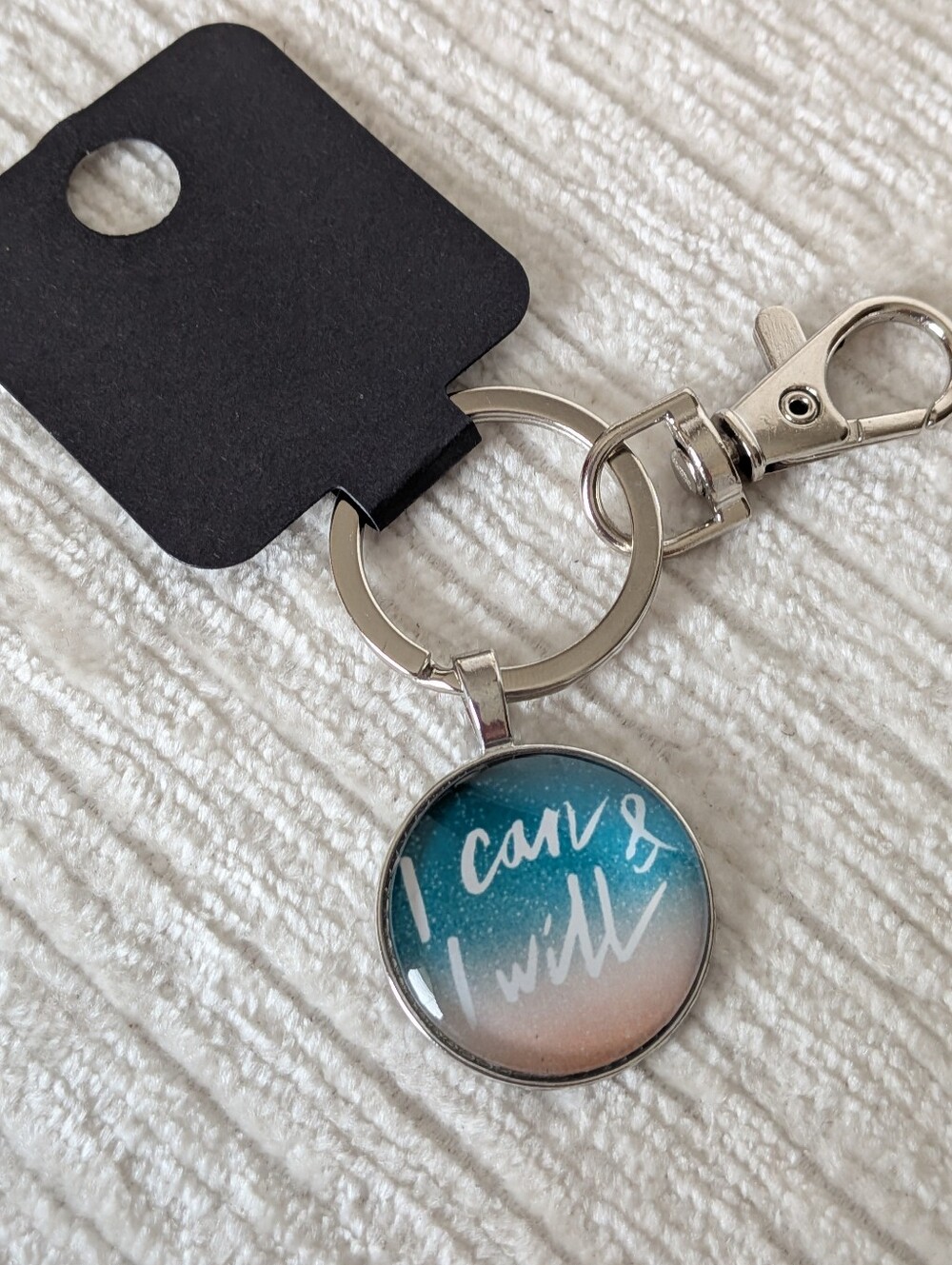 Inspirational "I Can & I Will" Keychain Metal, Swivel, Glass, Lobster Claw New